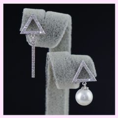  Bông Tai Tam Giác So Le Ngọc Trai & Pha Lê Trắng 