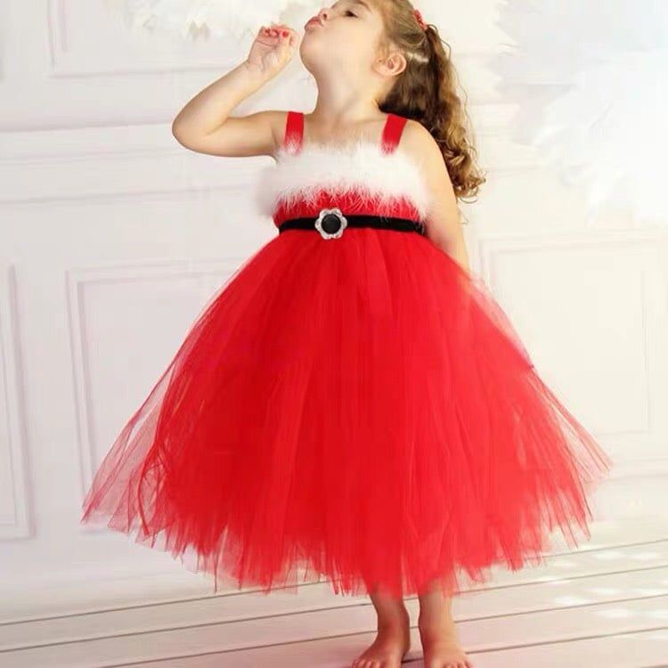 Váy voan đỏ 110cm trang phục Noel trẻ em