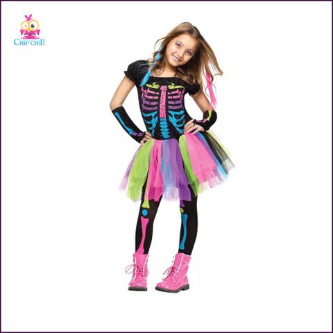 Bộ váy xương màu skeleton color girl halloween costume chip chip