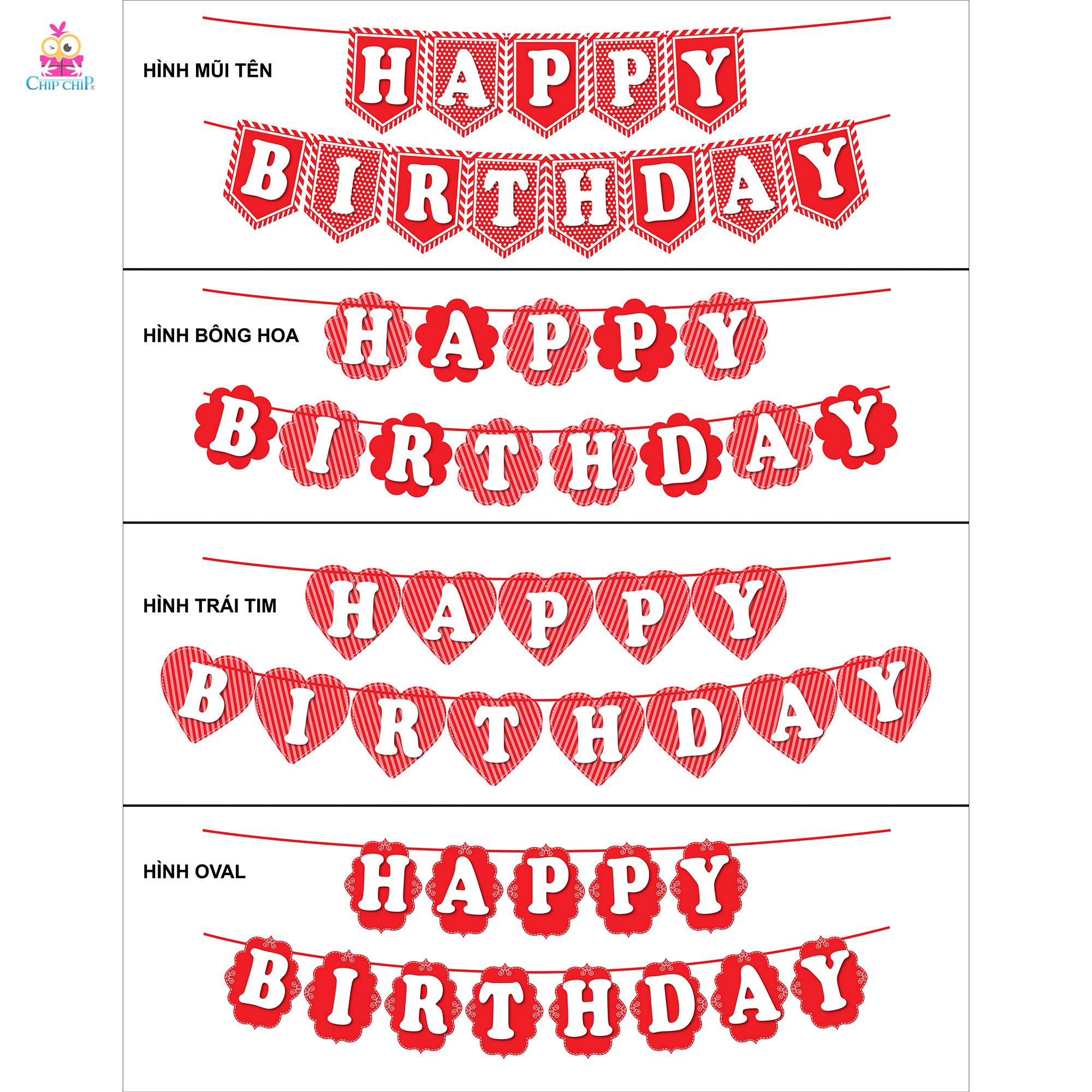  Dây Treo Trang Trí Happy Birthday Màu Đỏ - Chipchipshop 