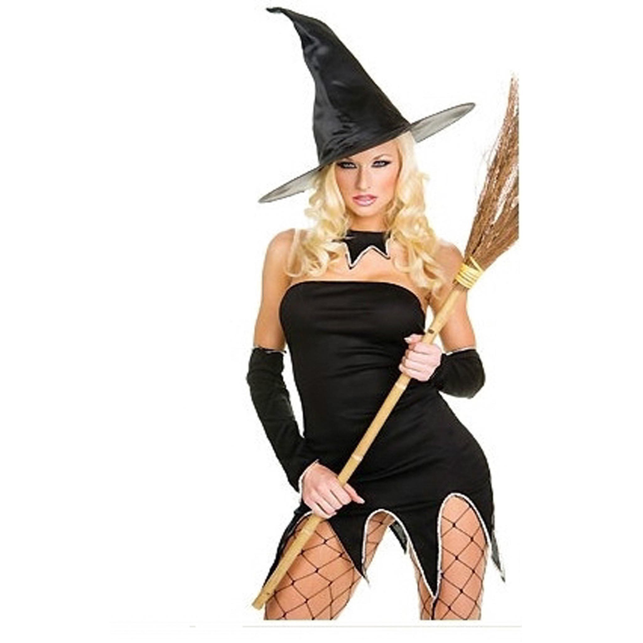  Trang phục hóa trang Halloween nữ đầm đen mũ chóp viền ánh bạc 