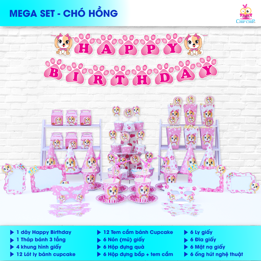  Set Trang Trí Happy Birthday Chó Màu Hồng - Chipchipshop 