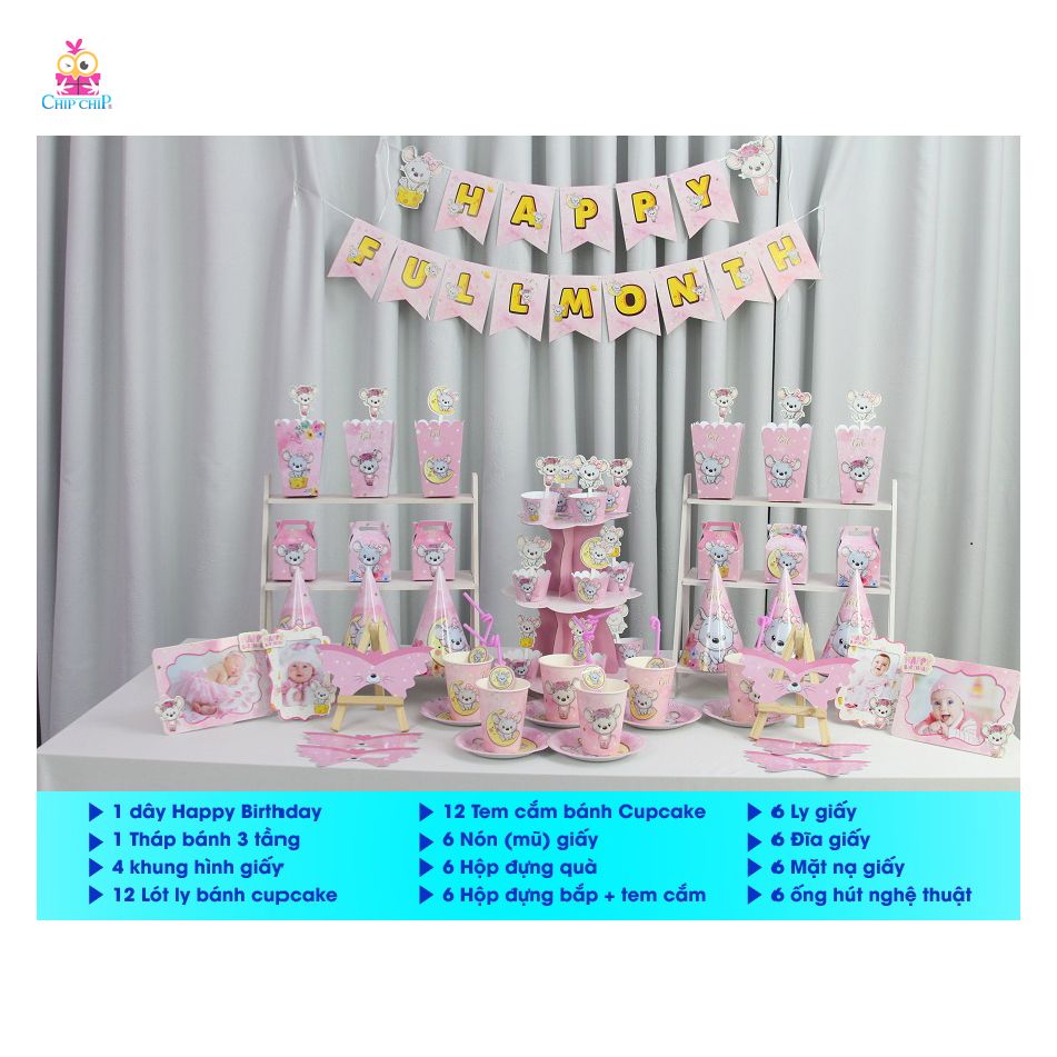  Set Trang Trí Happy Birthday Chuột Hồng FullMonth - Chipchipshop 