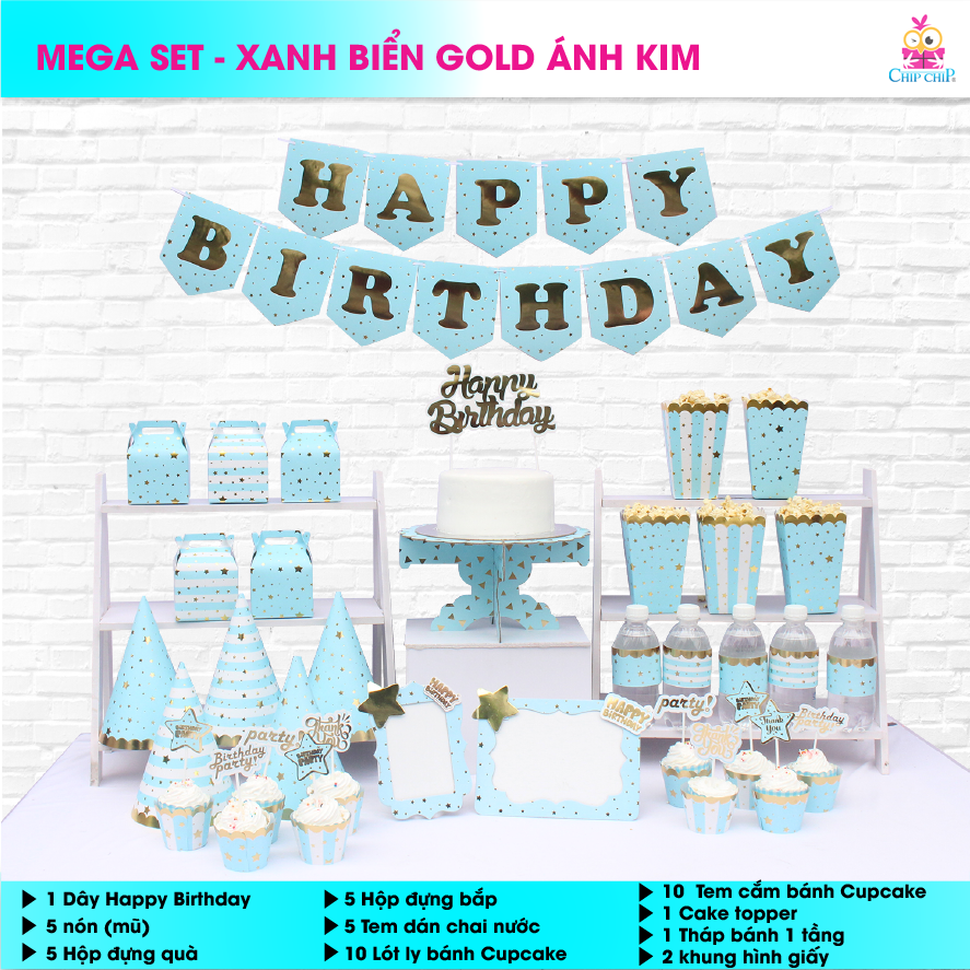  SET trang trí XANH BIỂN GOLD ÁNH KIM 