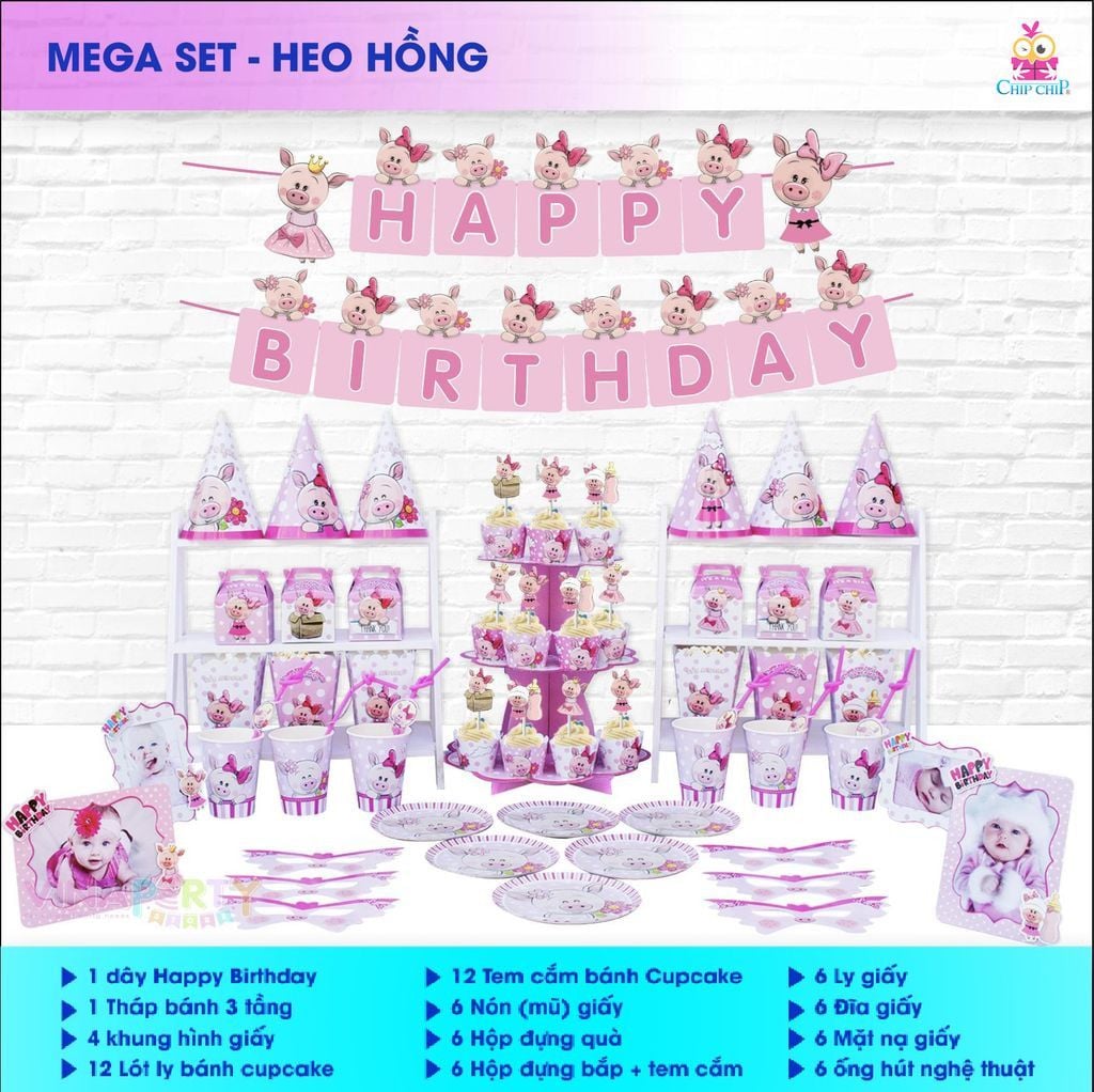  Set Trang Trí Happy Birthday Heo Hồng - Chipchipshop 