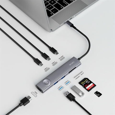  Hub Chuyển Đổi 8 in 1 WiWU WI-HB001 Type-C – 2 HDMI 4K, Cổng Mạng LAN, USB-C PD, SD/TF, Hỗ Trợ Đa Thiết Bị 