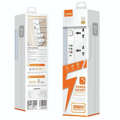  Ổ Cắm Điện Đa Năng LDNIO SC5415 - 5 Ổ Cắm + 4 Cổng Sạc Nhanh USB & Type-C, Chống Giật Trẻ Em, Công Suất 2500W, Dây Dài 2M 