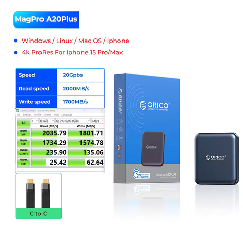  Ổ SSD Nam Châm Từ Tính ORICO - Tốc Độ 20Gbps, Hỗ Trợ Quay 4K ProRes Cho iPhone 15 Pro Trở Lên 