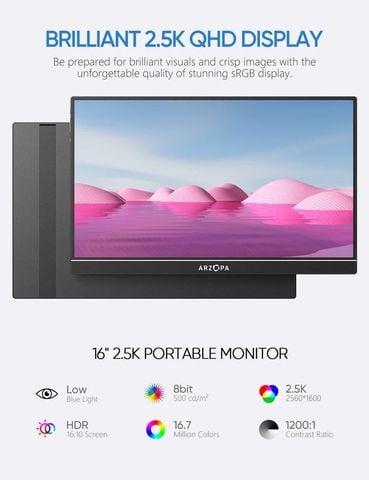  Màn hình di động ARZOPA Z1RC 16 inch 2.5K QHD – 100% sRGB, thiết kế nhôm nguyên khối, hỗ trợ đa thiết bị 