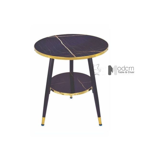 Bàn trà 2 tầng mặt tròn vân đá viền inox vàng TE1548-06P