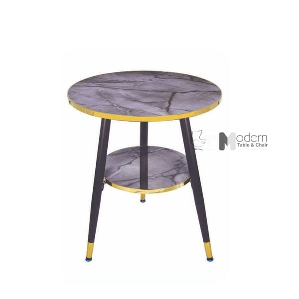 Bàn trà 2 tầng mặt tròn vân đá viền inox vàng TE1548-06P