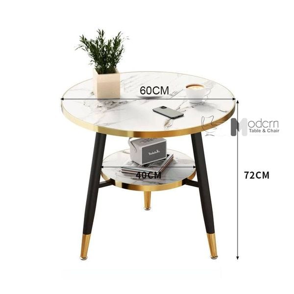 Bàn trà 2 tầng mặt tròn vân đá viền inox vàng TE1548-06P