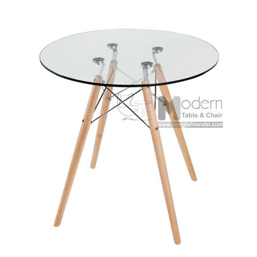 Bàn tròn kính cường lực chân gỗ Eames TE-DSW -07G