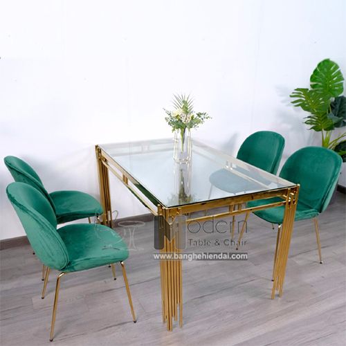 Bàn ăn mặt kính chân inox vàng TN1220-14G