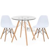 Bàn tròn kính cường lực chân gỗ Eames TE-DSW -07G