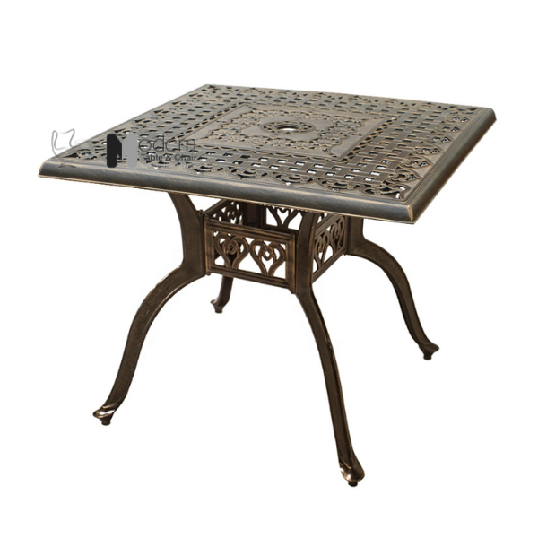 Bộ bàn vuông nhôm đúc 4 ghế lưng cao có tay tựa ngồi uống trà sân vườn biệt thự