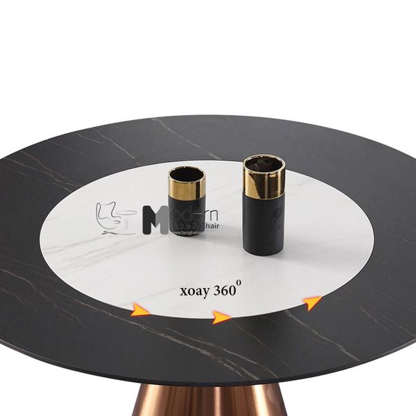 Bộ bàn ghế ăn 6 người mặt đá tròn mâm xoay chân mạ màu vàng