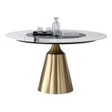 Bộ bàn ăn tròn chân trụ mạ màu vàng 4 ghế nệm lưng cao nhập khẩu