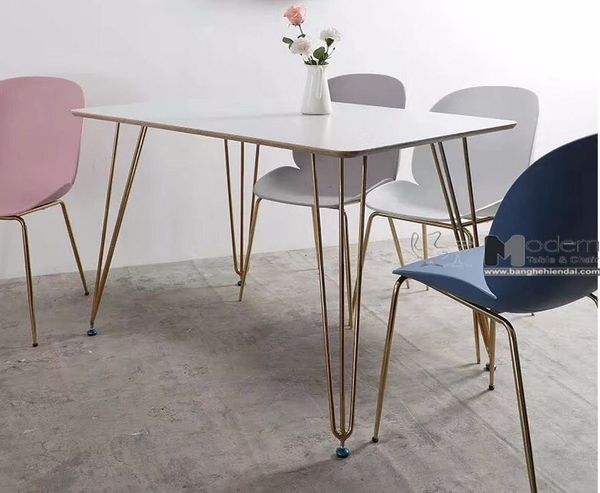 Bàn ăn chữ nhật 1m4 mặt gỗ chân sắt màu vàng cao cấp TN HAIRPIN