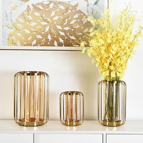 Bình cắm hoa thủy tinh đèn lồng cao cấp khung kim loại vàng Bắc Âu