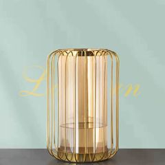 Bình cắm hoa thủy tinh đèn lồng cao cấp khung kim loại vàng