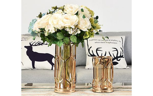 Bình thủy tinh cẳm hoa khung kim loại A12