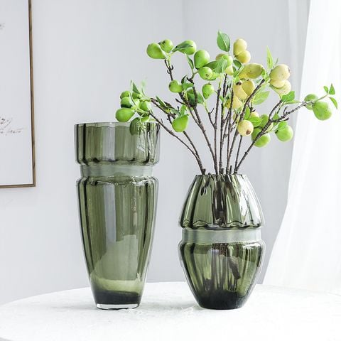 Bình hoa thủy tinh châu âu vân sọc có eo xanh cao cấp cắm hoa