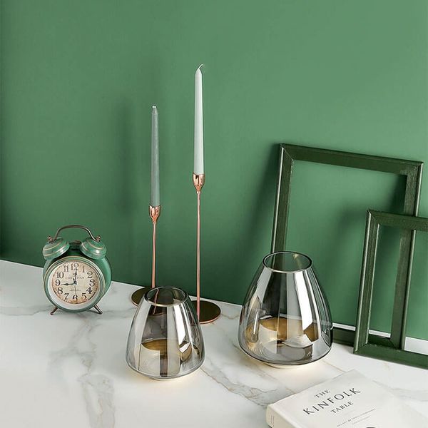 Bình thủy tinh cắm hoa đế kim loại vàng cao cấp