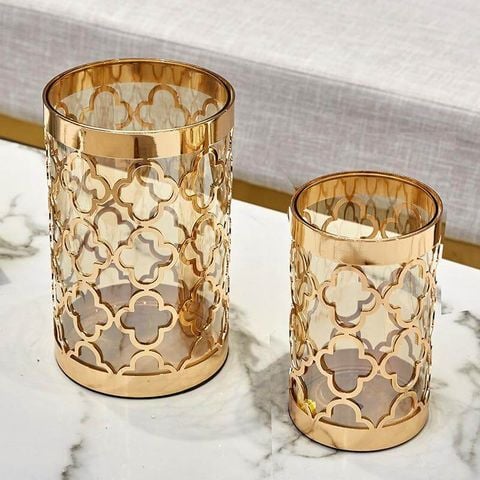Bình thủy tinh cắm hoa khung kim loại hoa văn A14