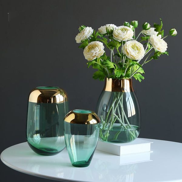 Bình cắm hoa thủy tinh xanh viền vàng cao cấp