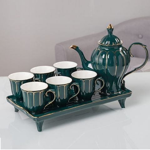 Bộ ấm trà trái bí xanh viền vàng AX01