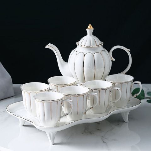 Bộ ấm trà trắng vân sọc vàng cao cấp AT01