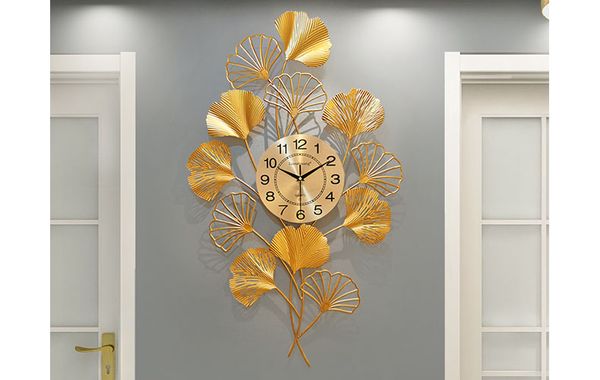 Đồng hồ tranh sắt cành lá ginkgo vàng nghệ thuật