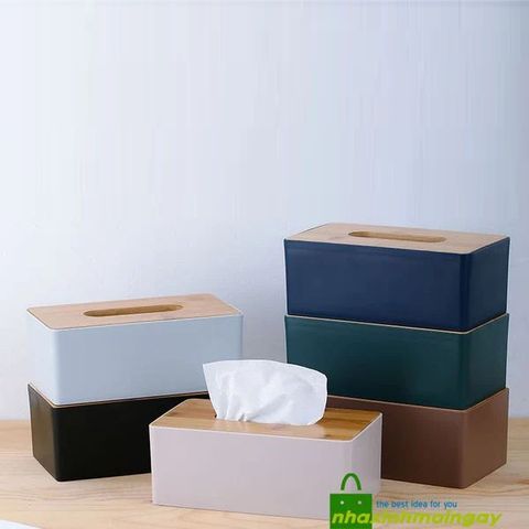 Hộp khăn giấy chữ nhật nắp gỗ thời trang phong cách morandi