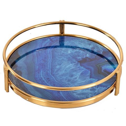 Khay kim loại tròn mặt gương xanh đựng đồ decor phòng khách