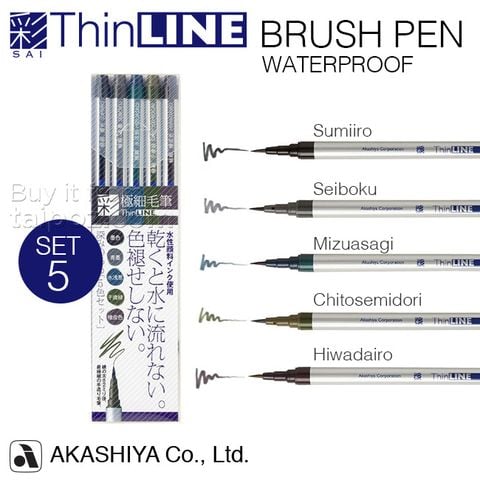 Bút lông nét mảnh Akashiya Sai Thin Line, bộ 5 màu