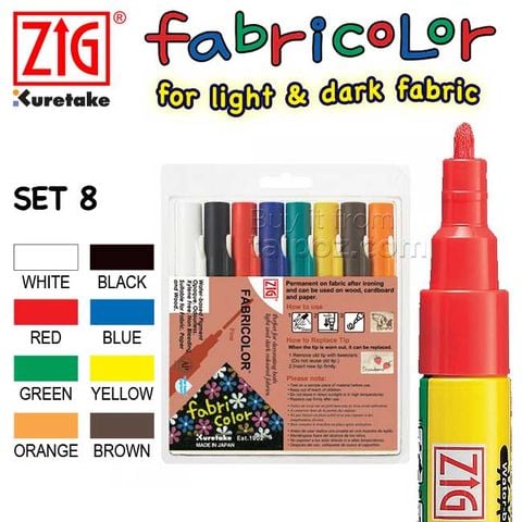 Bút vẽ trên vải ZIG Fabricolor, bộ 8 cây