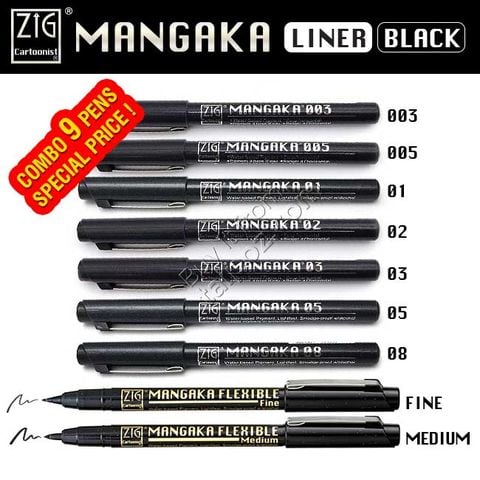 Bút Mangaka, bộ đầy đủ 9 cây màu Đen