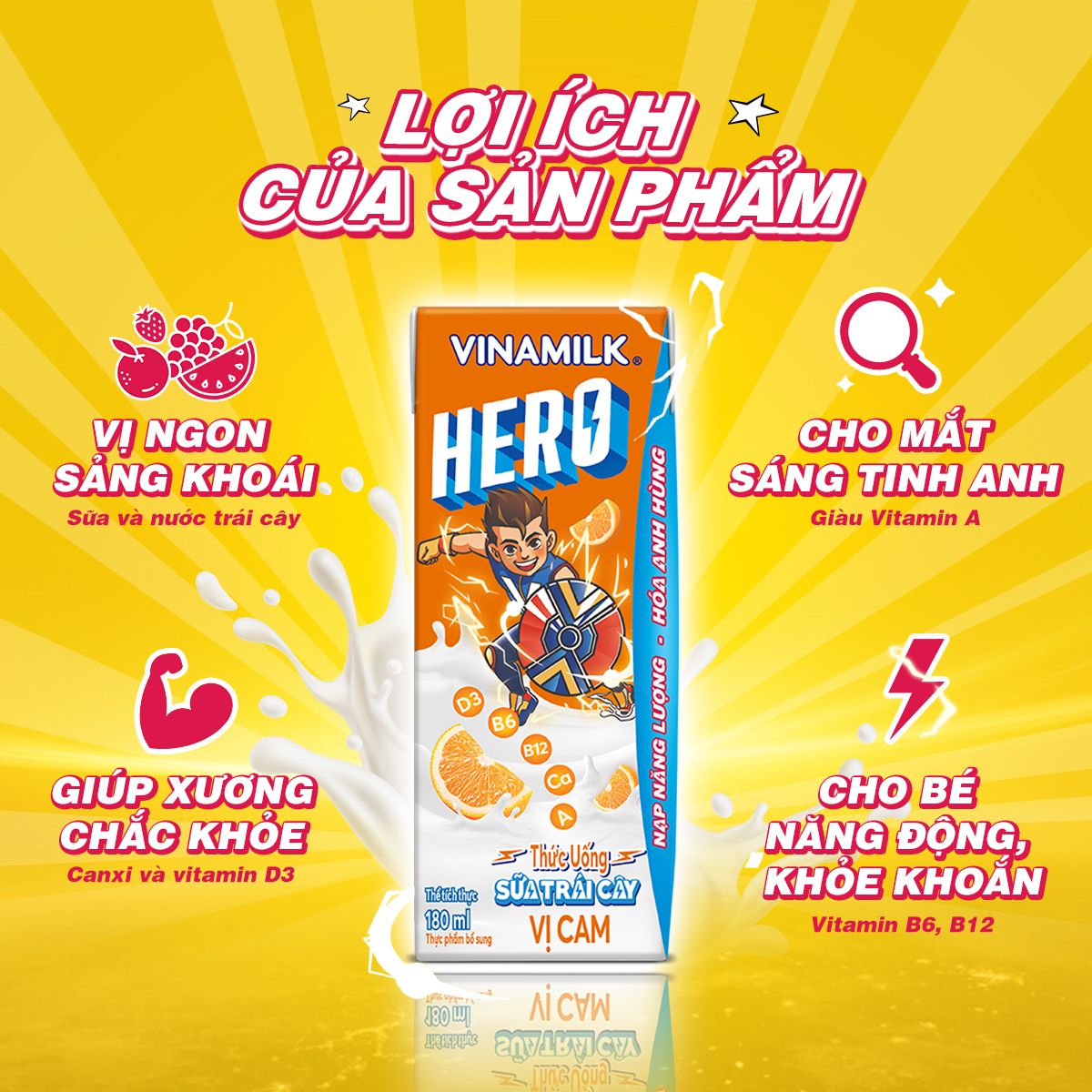 Thức Uống Sữa Trái Cây Hero Vị Cam - Lốc 4 Hộp 180ml