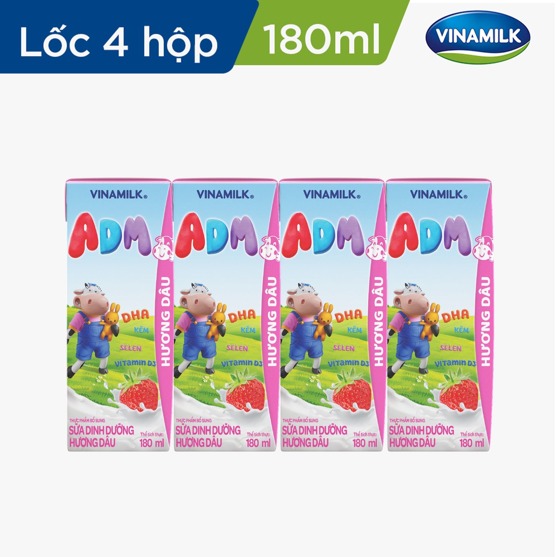 Sữa dinh dưỡng Vinamilk ADM Hương Dâu - Lốc 4 Hộp 180ml