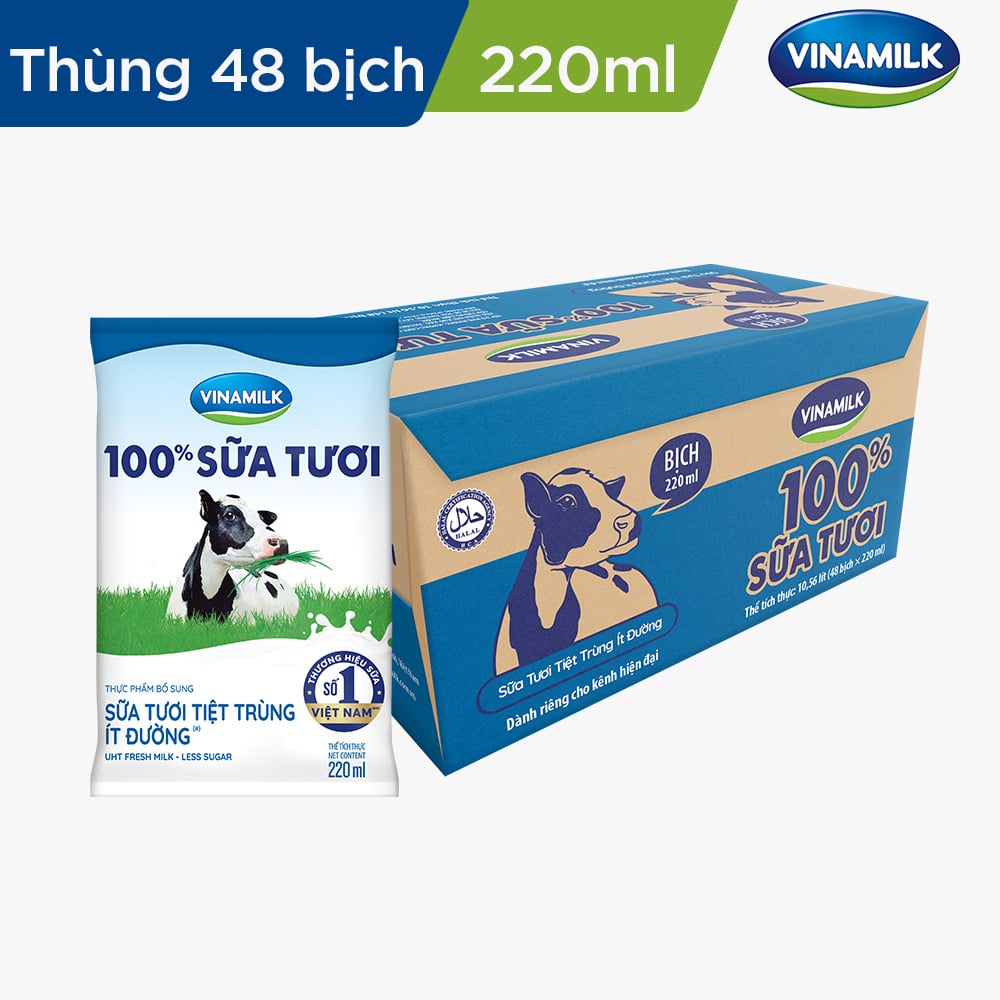 Thùng Sữa tươi tiệt trùng ít đường Vinamilk 100% Sữa tươi – 220ml x 48 ...