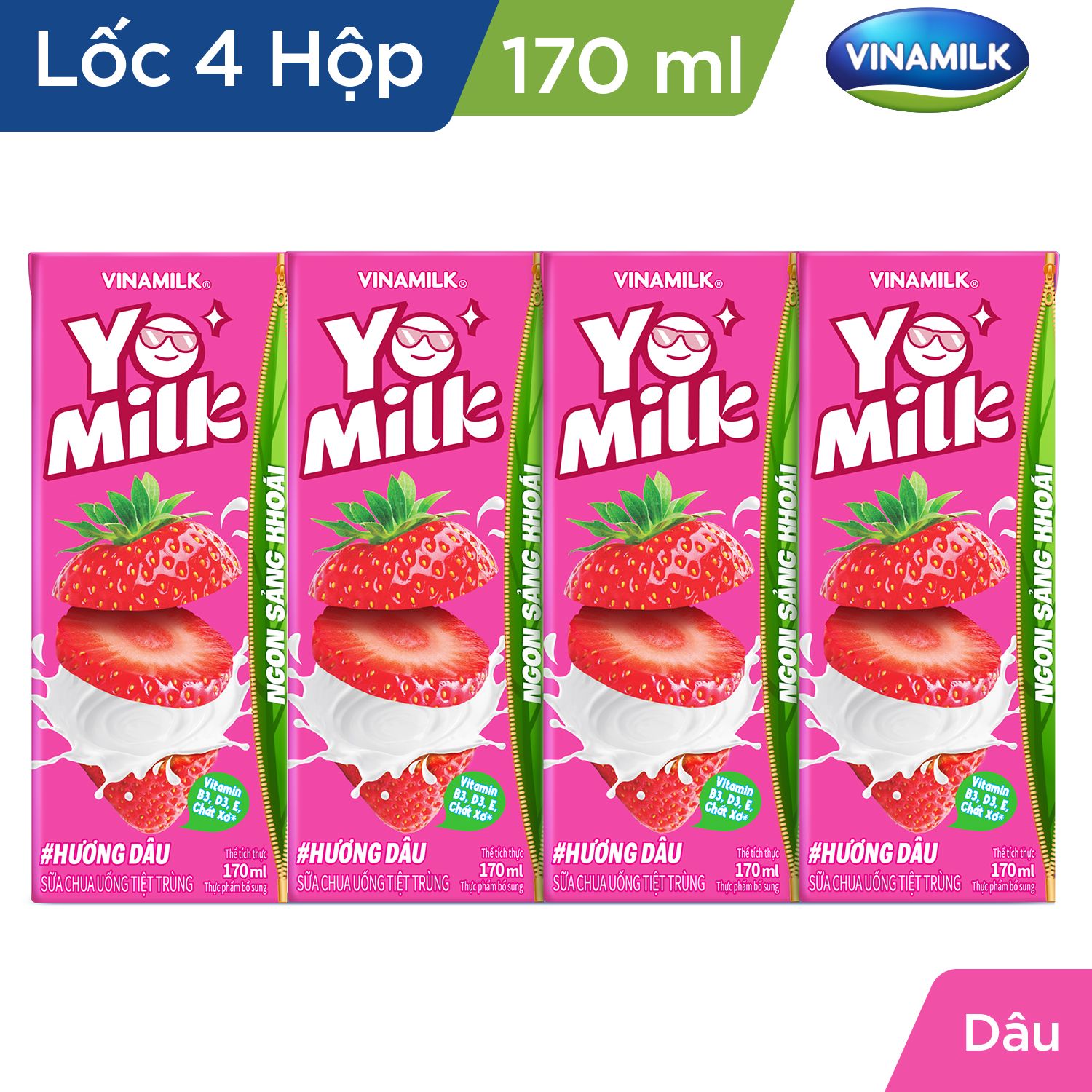Sữa chua uống Yomilk hương dâu - Lốc 4 hộp x 170ml