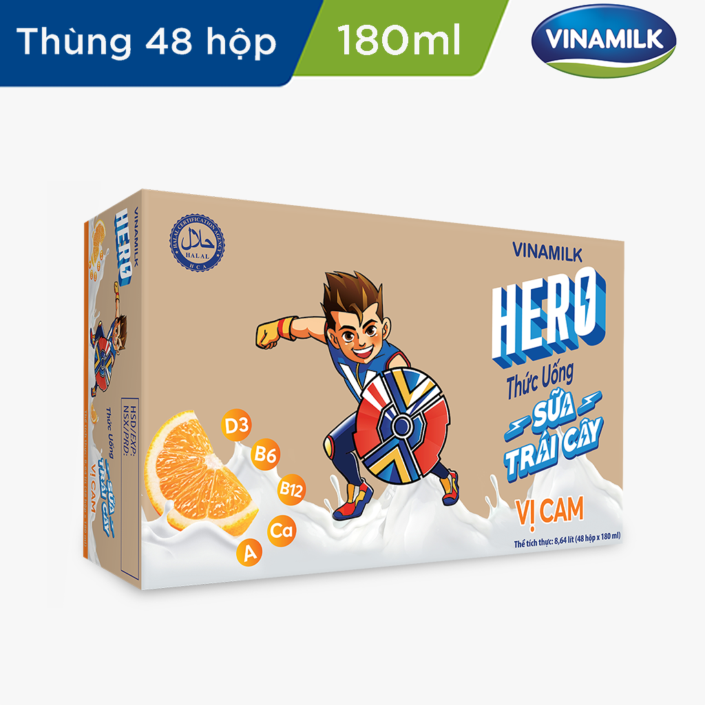 Thức Uống Sữa Trái Cây Hero Vị Cam - Thùng 48 Hộp 180ml