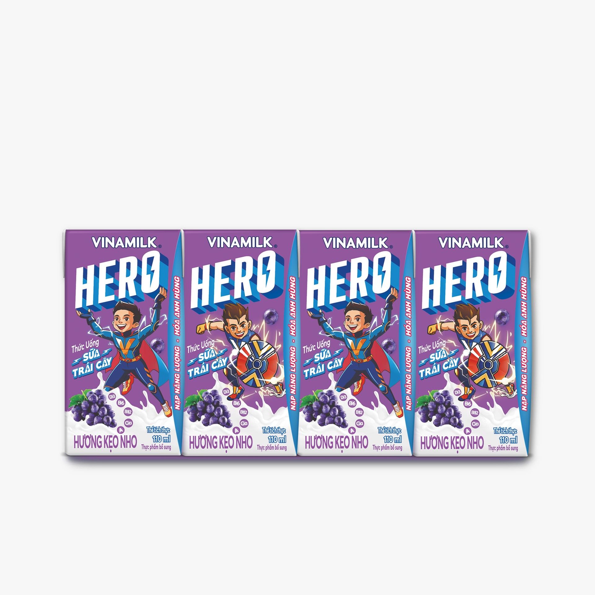 Thức Uống Sữa Trái Cây Hero Vị Kẹo Nho - Lốc 4 Hộp 110ml