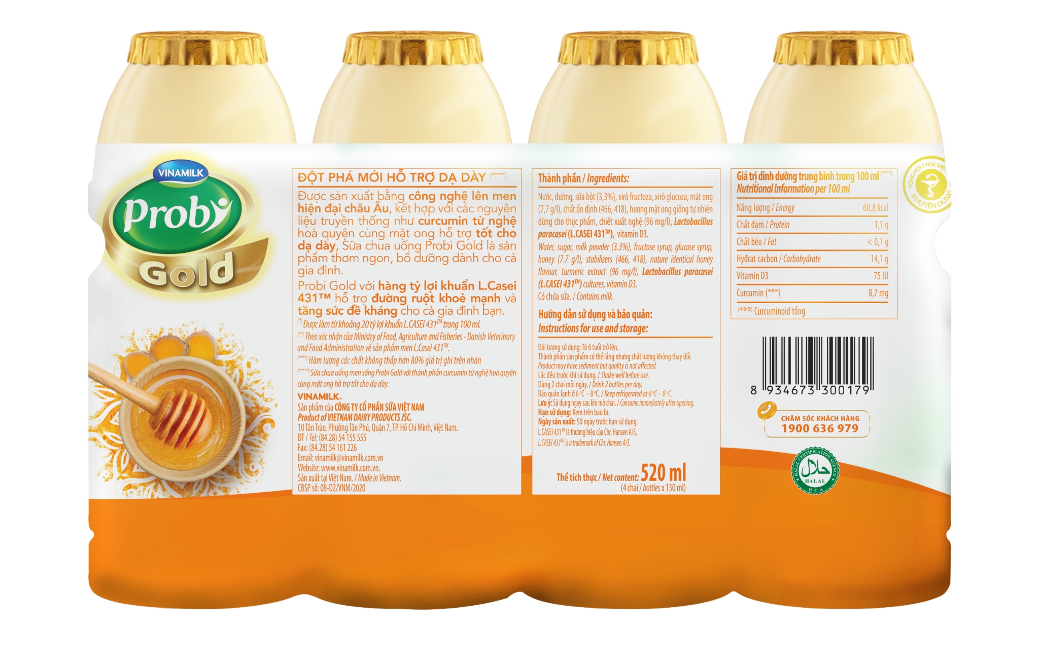 Sữa Chua Uống Probi Gold Mật Ong & Curcumin Từ Nghệ - Lốc 4 Chai 130ml