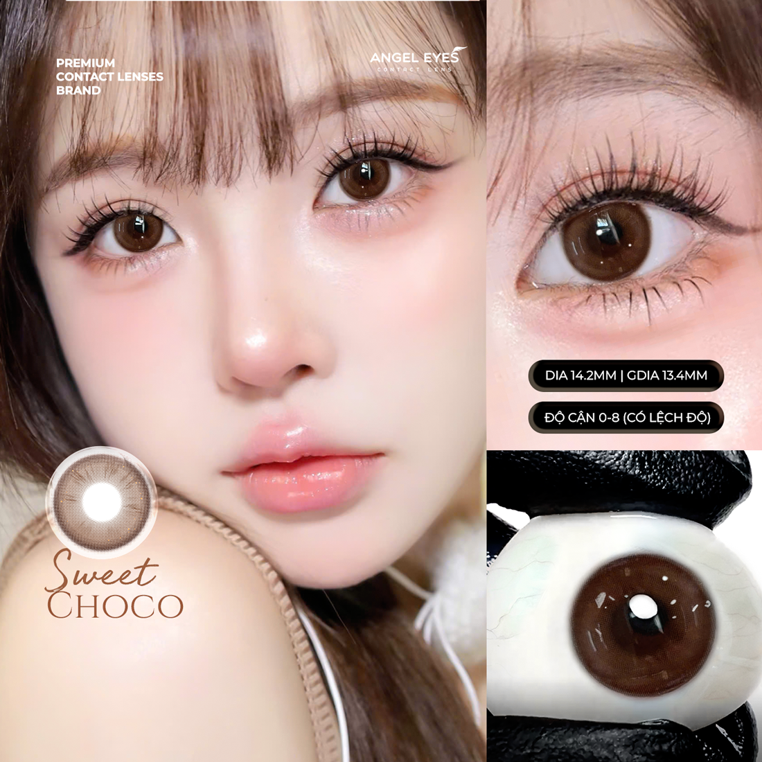 Lens nâu tự nhiên có độ Sweet Choco thương hiệu Angel Eyes đường kính 14.2mm | Độ cận 0-8