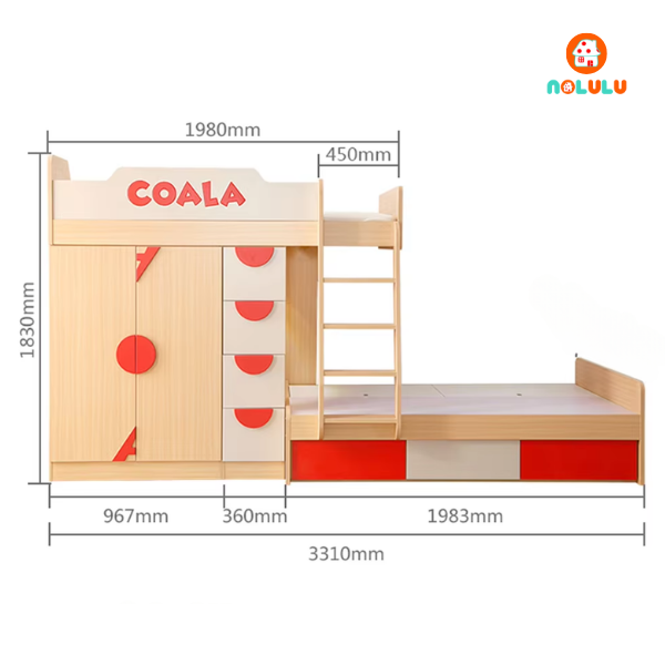 Giường tầng thông minh kèm tủ quần áo và kệ sách Nolulu - GTTM001