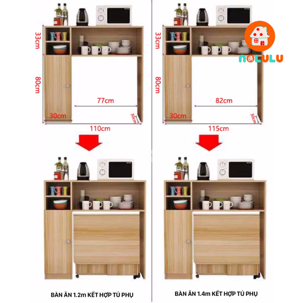 Bàn ăn thông minh xếp gọn có bánh xe kèm kệ để đồ Nolulu - BAX05