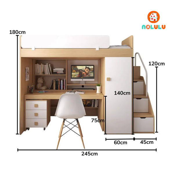 Giường tầng trẻ em thông minh kèm bàn học và tủ quần áo Nolulu - GT003