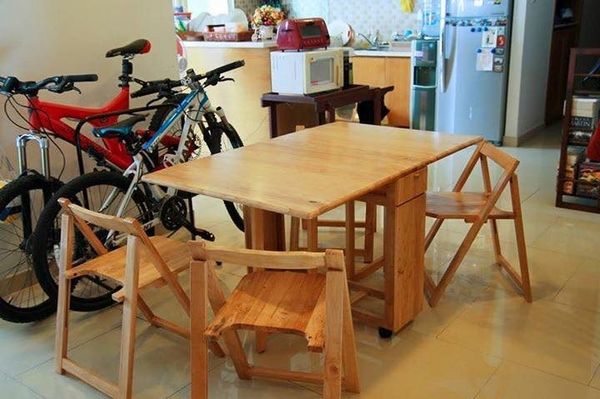 Bộ Bàn Ăn Xếp Gọn 4 Ghế Gỗ Tự Nhiên Cao Cấp Phù Hợp Cho Không Gian Chật Hẹp